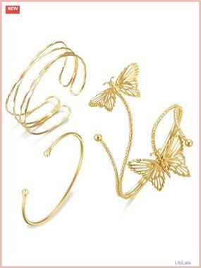 14k Gold Plated Arm Cuff Bracelets Set 3 Piece Adjustable